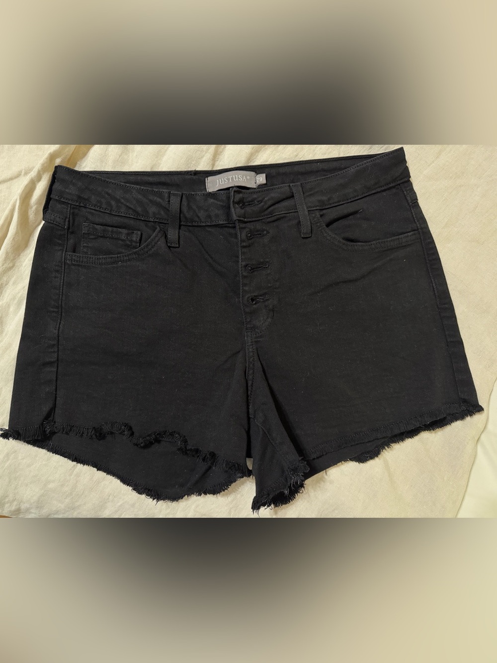 JUST USA Black Denim Shorts Size 29 Raw Frayed Hem Button Fly